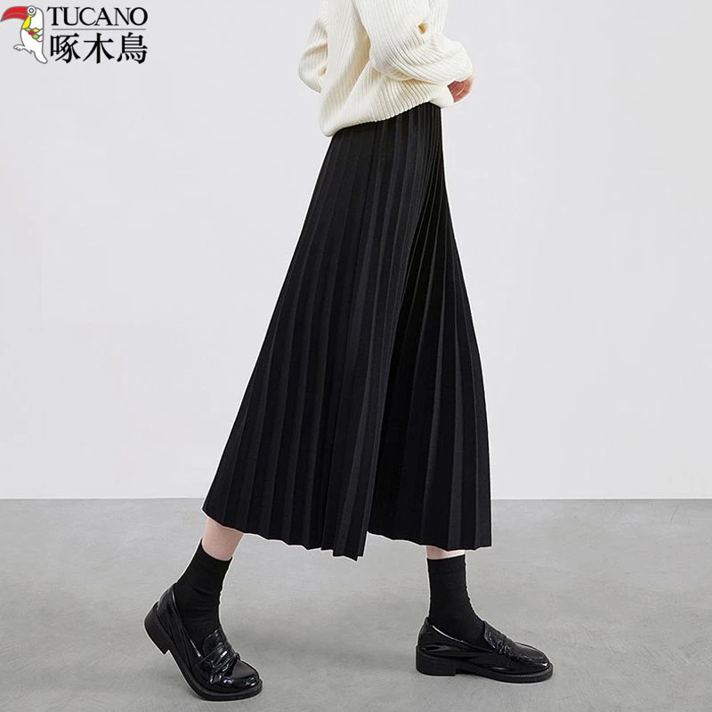 啄木鸟毛呢半身裙女款秋冬季新款高腰显瘦中长款小个子百褶裙伞裙
