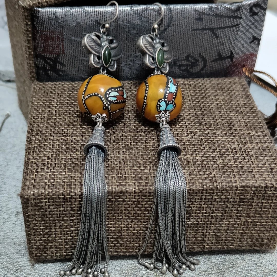 通体S925银镶嵌20毫米天然尼泊尔老花蜜蜡重工民族风流苏大耳坠
