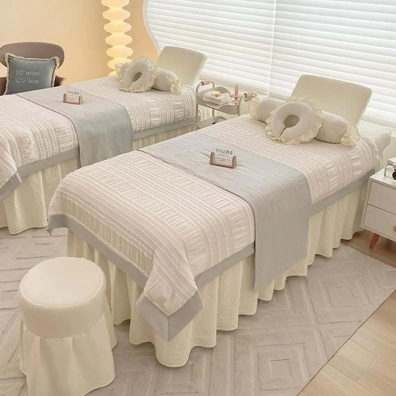 新款泡泡纱美容院按摩床罩四件套韩版简约皮肤管理spa奶油风高档