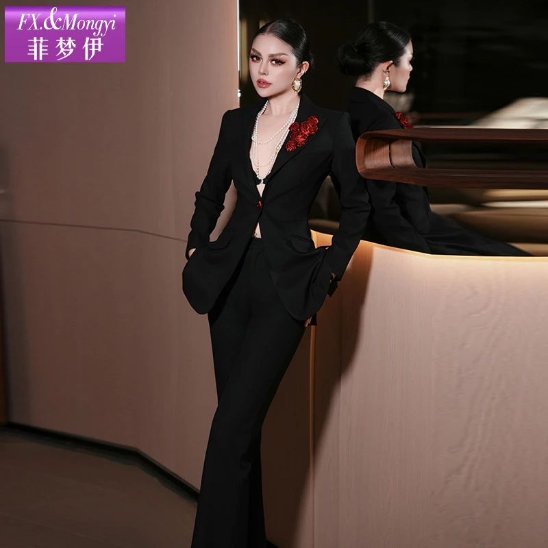 菲梦伊西装职业套装女秋季高级感简约修身气质上衣OL休闲裤66103