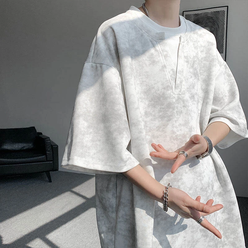 短袖夏季扎染古拳法落肩港风T恤男士潮流百搭印花t恤宽松潮流上衣