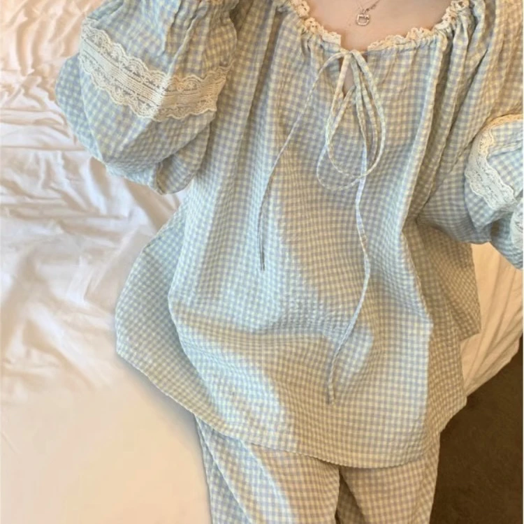甜美蕾丝格纹长袖睡衣女春秋款宽松可外穿家居服