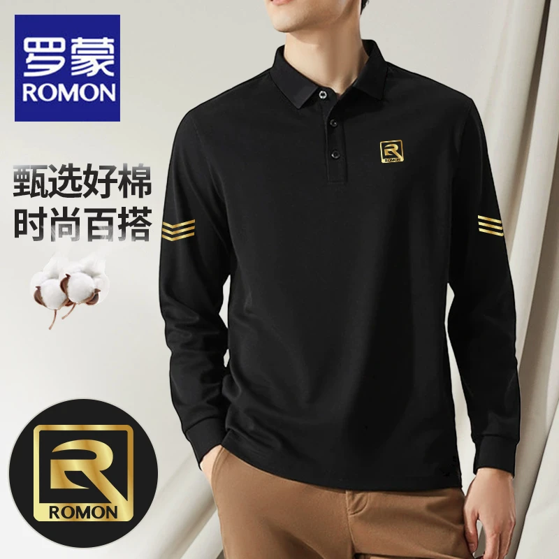 罗蒙长袖t恤男士春秋季2025新款翻领polo衫男装打底衫上衣服黑色