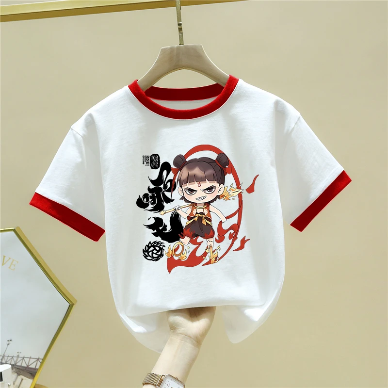纯棉100%国潮哪吒夏季新款男女中小儿童短袖t恤圆领百搭上衣服潮