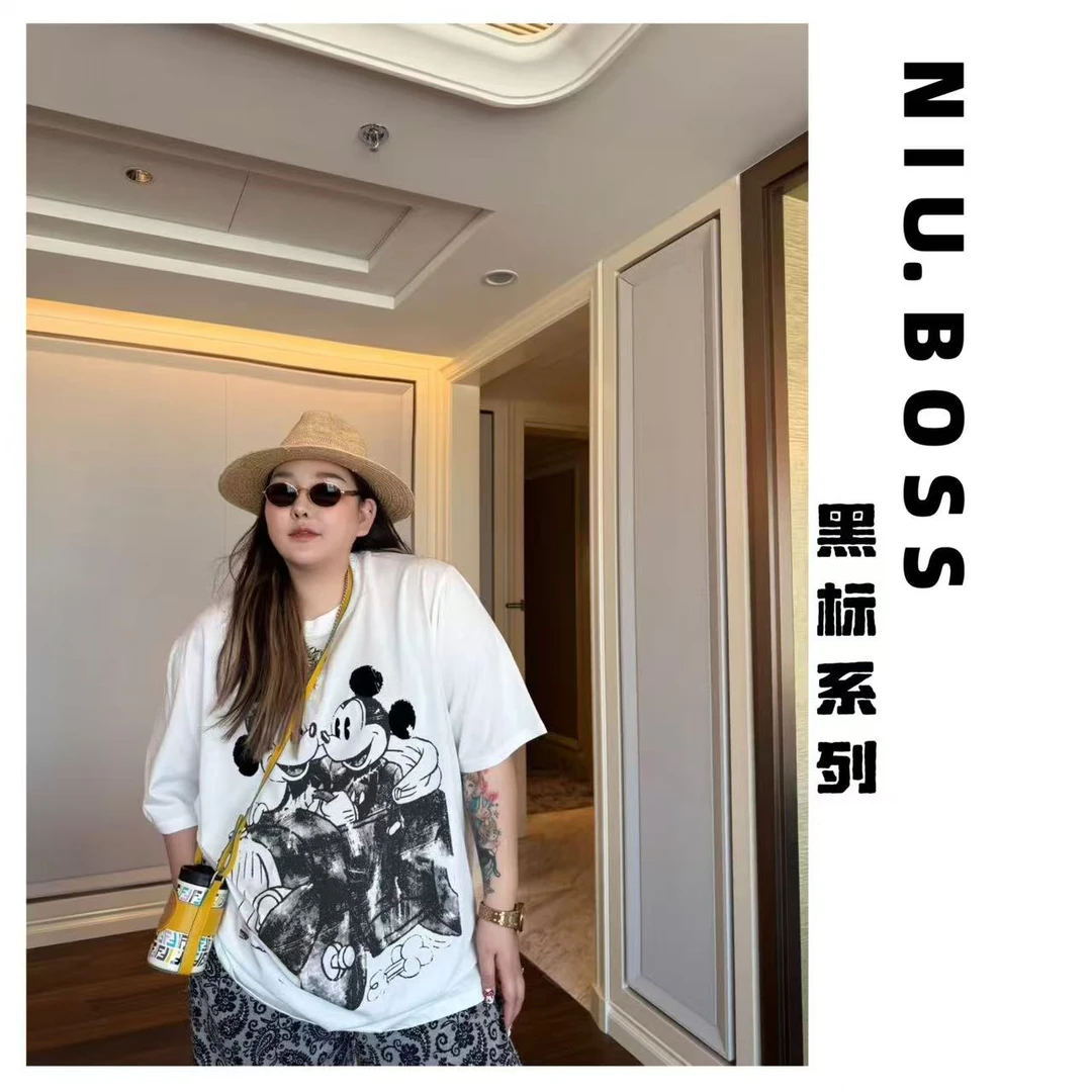 Three Ten. N大码250斤“驾车米奇”涂鸦植绒撞色短袖T恤