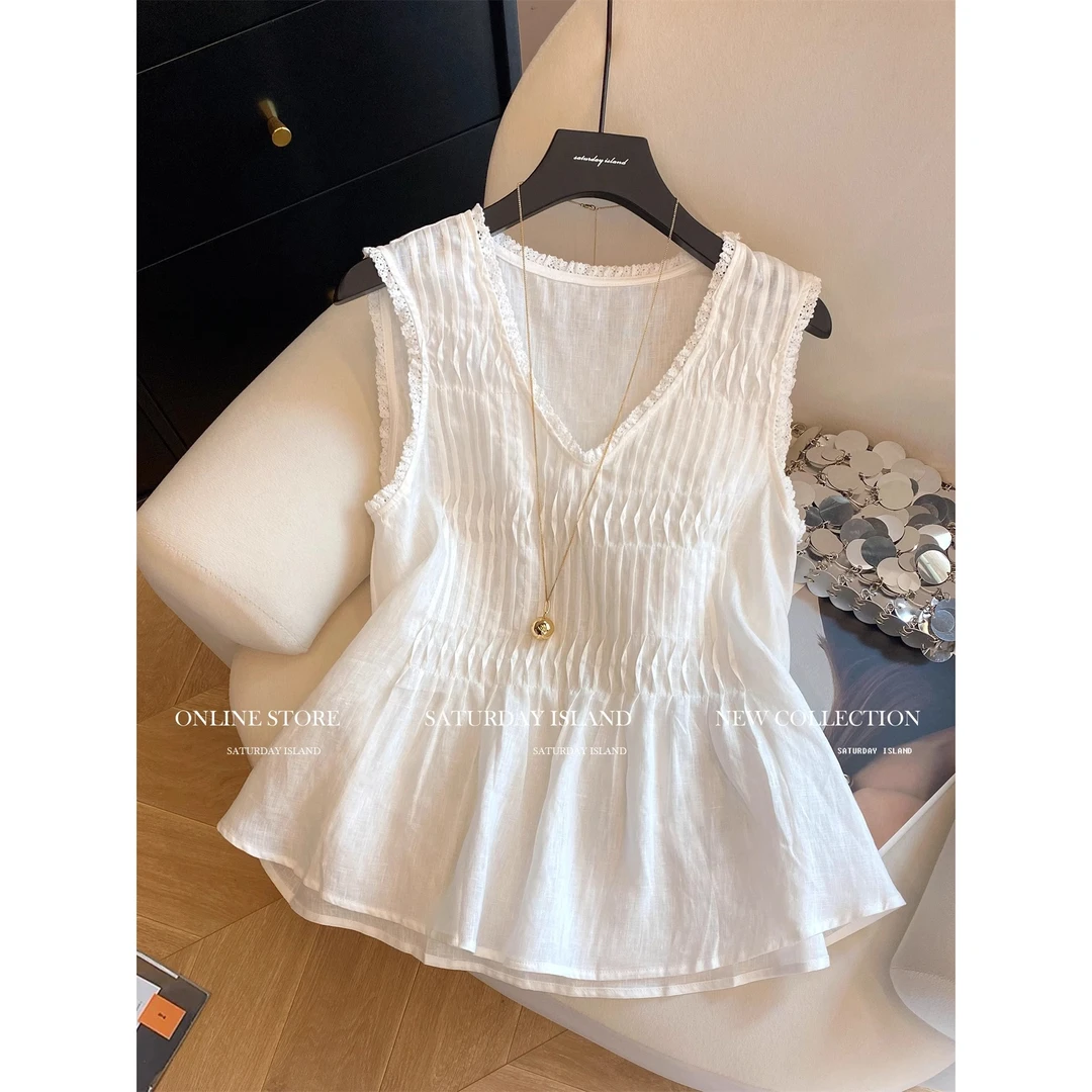 法式蕾丝拼接褶皱V领无袖休闲背心女2025夏新款时尚气质百搭上衣