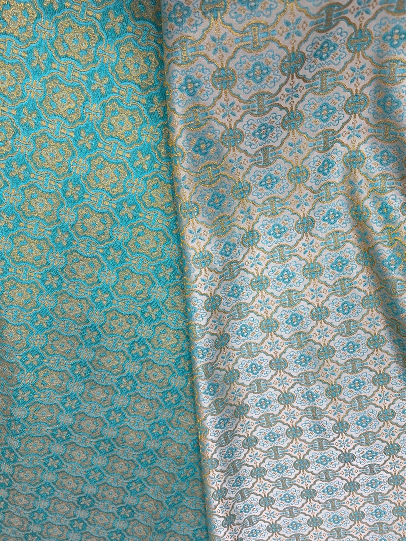 绿松石定胜桑蚕丝人丝新中式双面异色提花锦面料