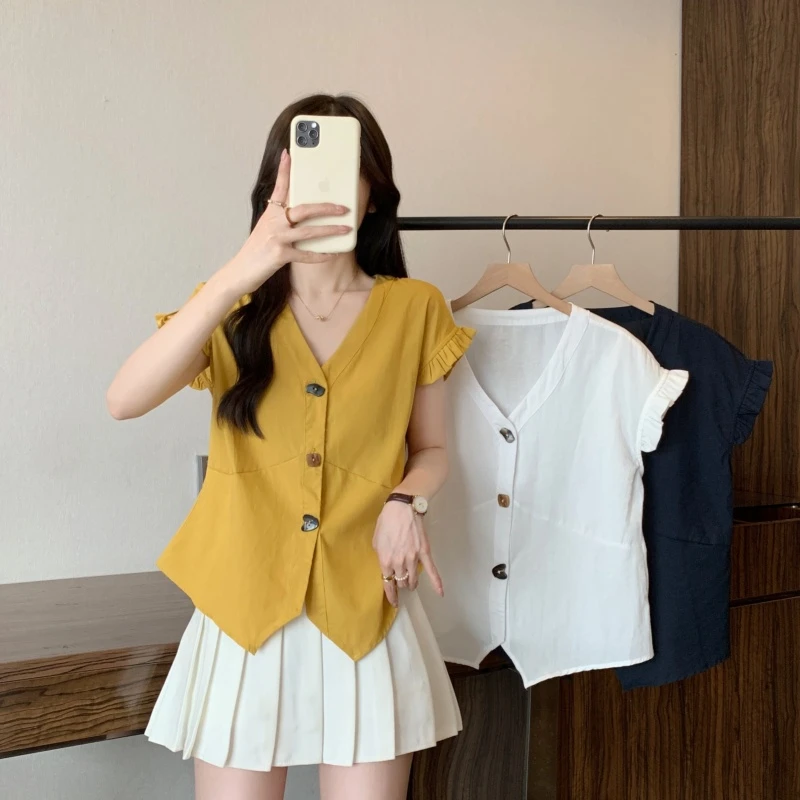大码女装2025夏季新款时尚纯色修身型V领气质衬衫上衣2126