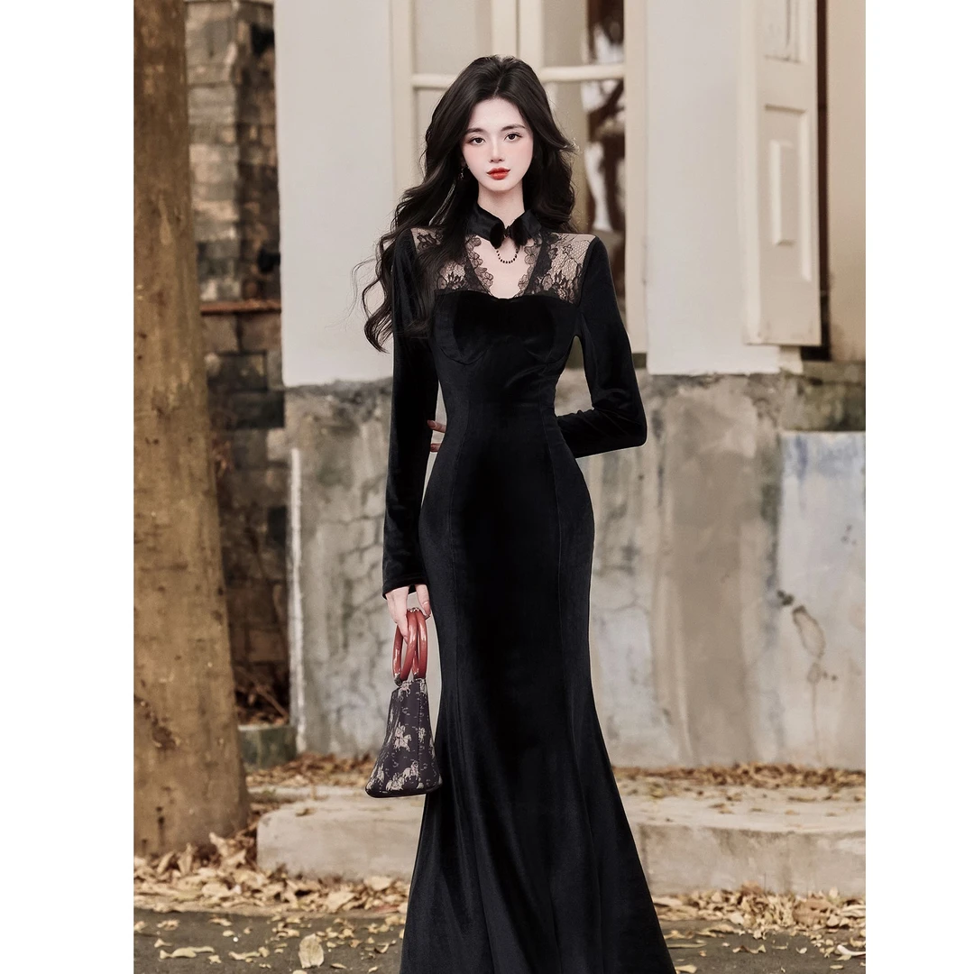新中式复古暗黑镂空蕾丝拼接丝绒连衣裙气质赫本长裙小黑裙长裙