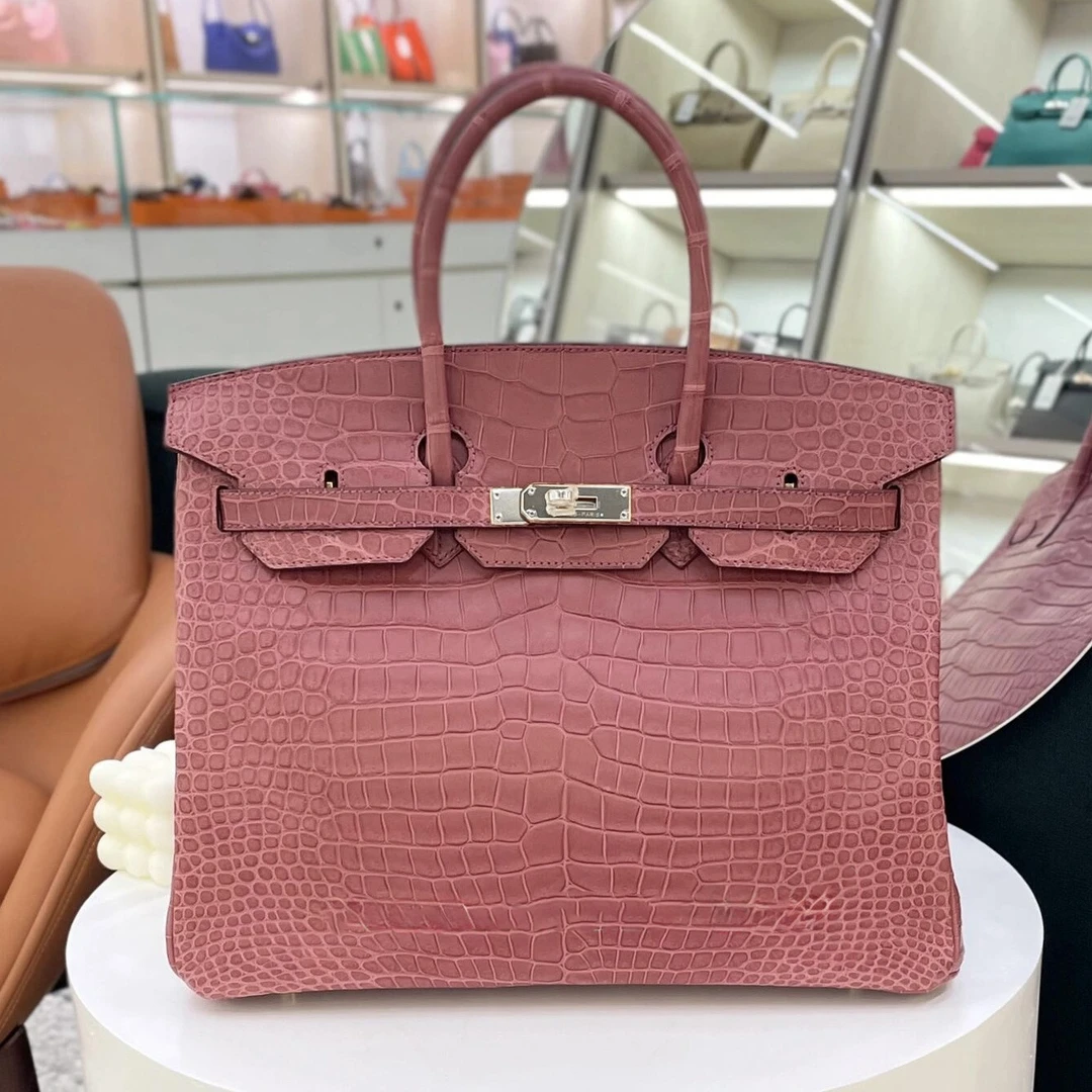 99新 Hermes/爱马仕 birkin35干枯玫瑰色银扣雾面鳄鱼r手提包