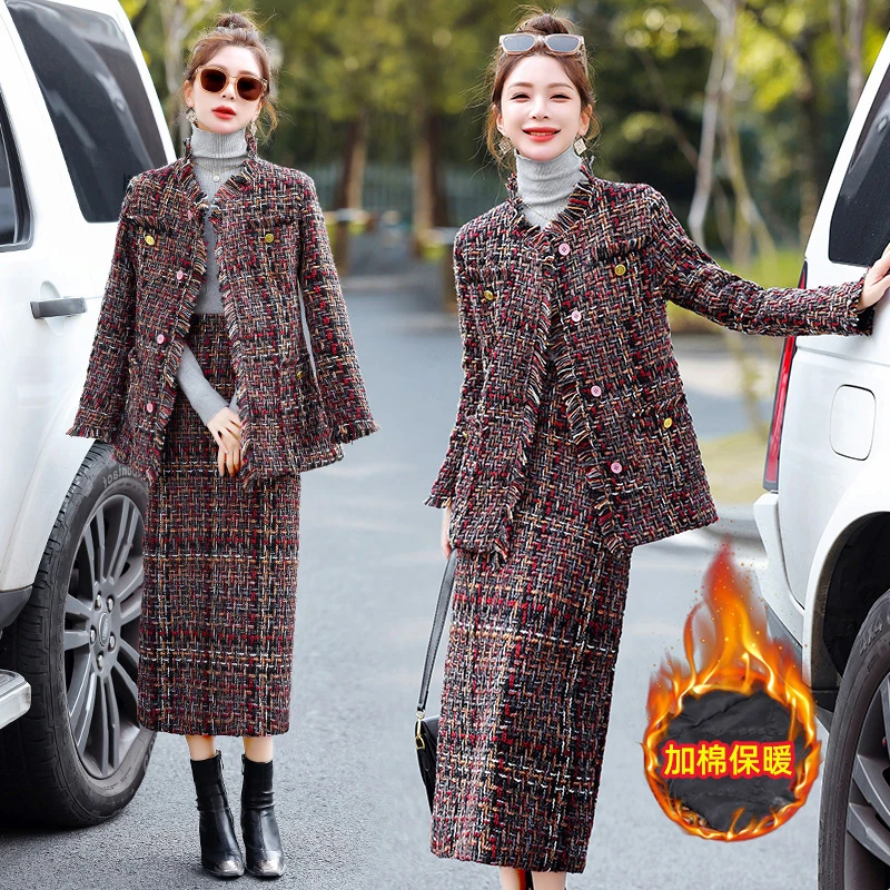 主图现货新款冬装休闲百搭小香粗花呢设计气质加棉保暖两件套套裙