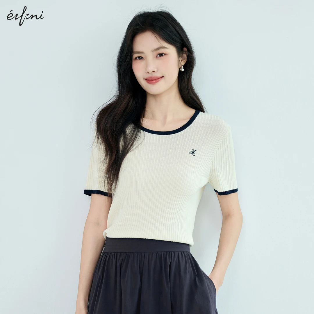 伊芙丽莱赛尔撞色针织衫T恤女装25夏季薄款圆领绣花短袖1G4931001