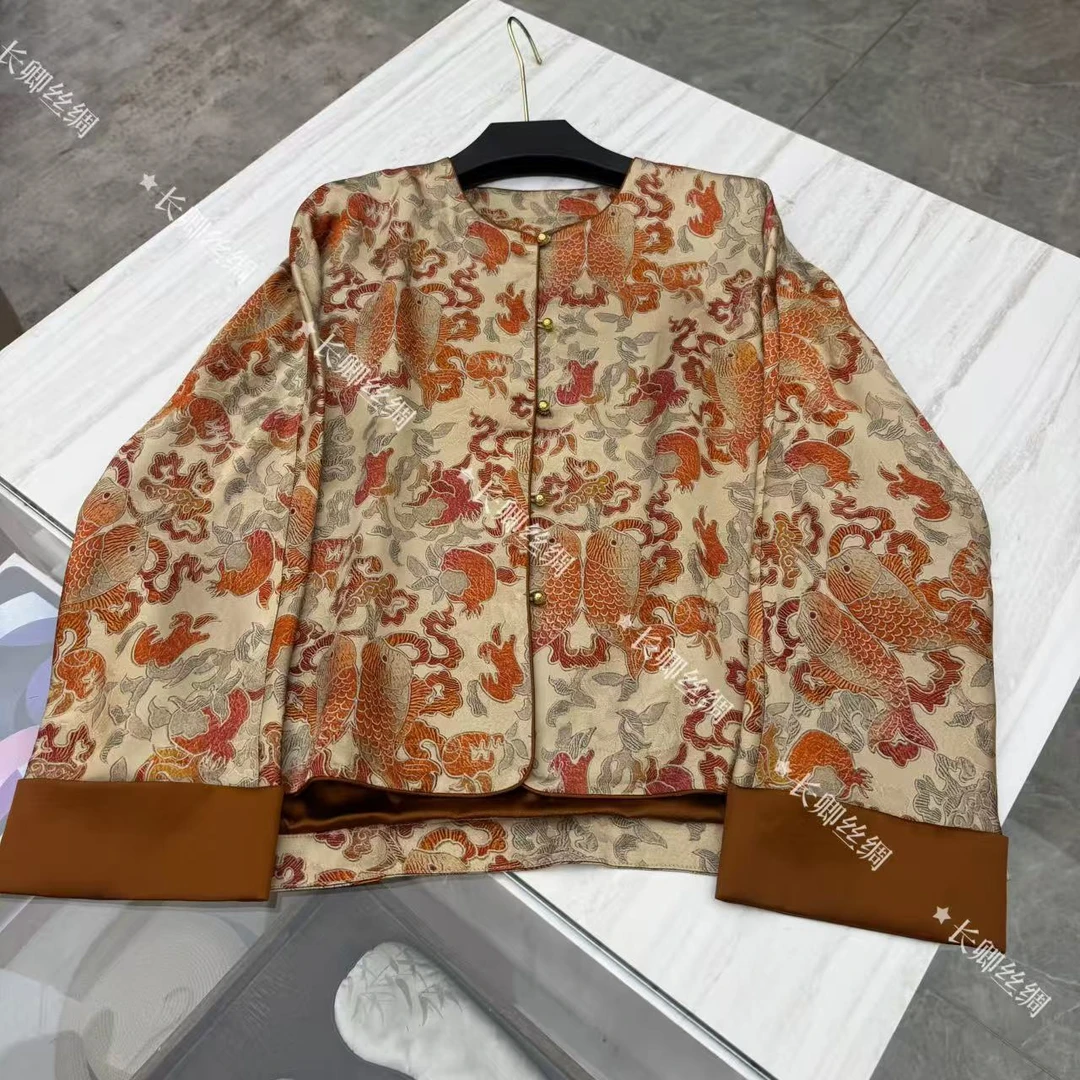 【长卿】新中式锦鲤真丝国风长袖外套上衣D131