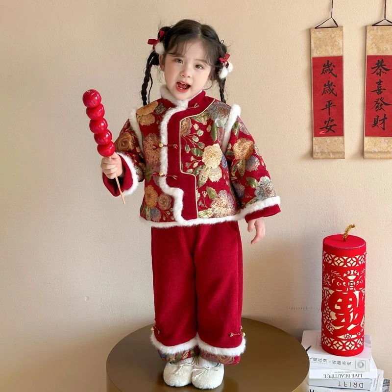 拜年服女童冬季2024新款洋气儿童周岁礼服女宝宝中国风红色唐装潮