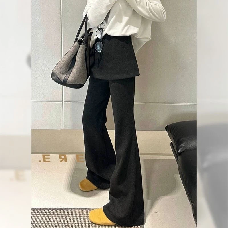 秋冬加绒韩国东大门假两件屁帘微喇叭裤女2026梨形身材显瘦休闲裤