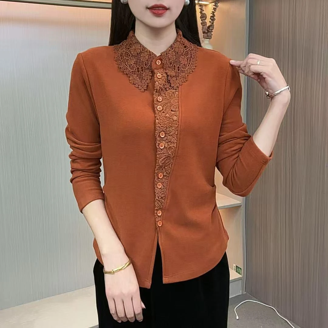 2025秋季女新款翻领时尚洋气气质蕾丝拼接双面澳绒长袖百搭小衫f7