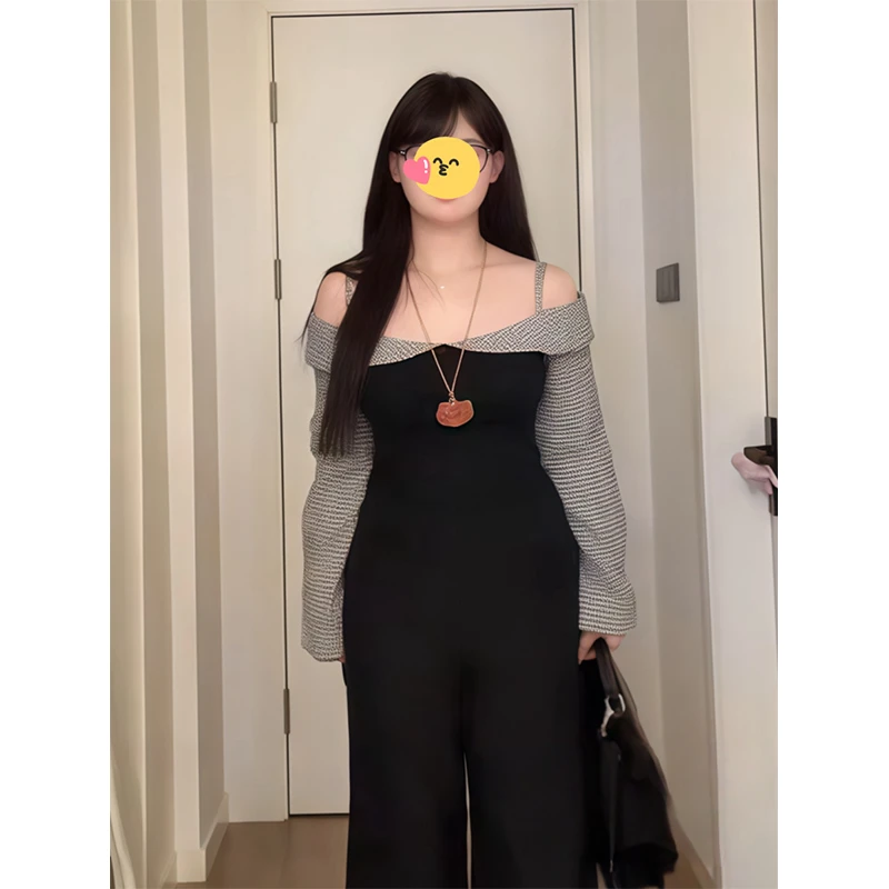 两件露肩长袖t恤女2025秋季新款新款格子拼接设计感修身辣妹上衣