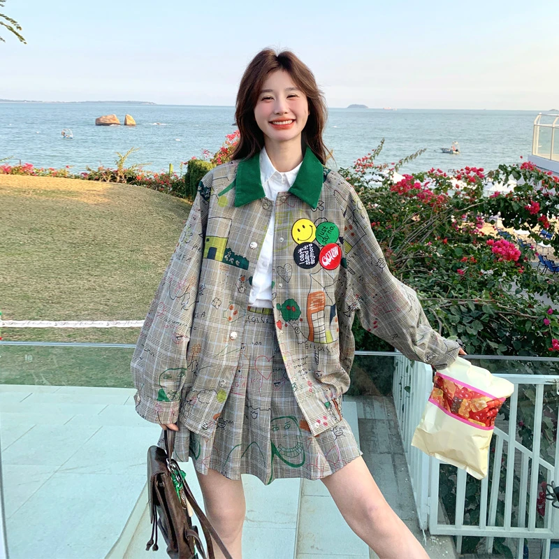 卡通涂鸦套装裙女2025春秋新款美式复古鬼马少女夹克百褶裙两件套