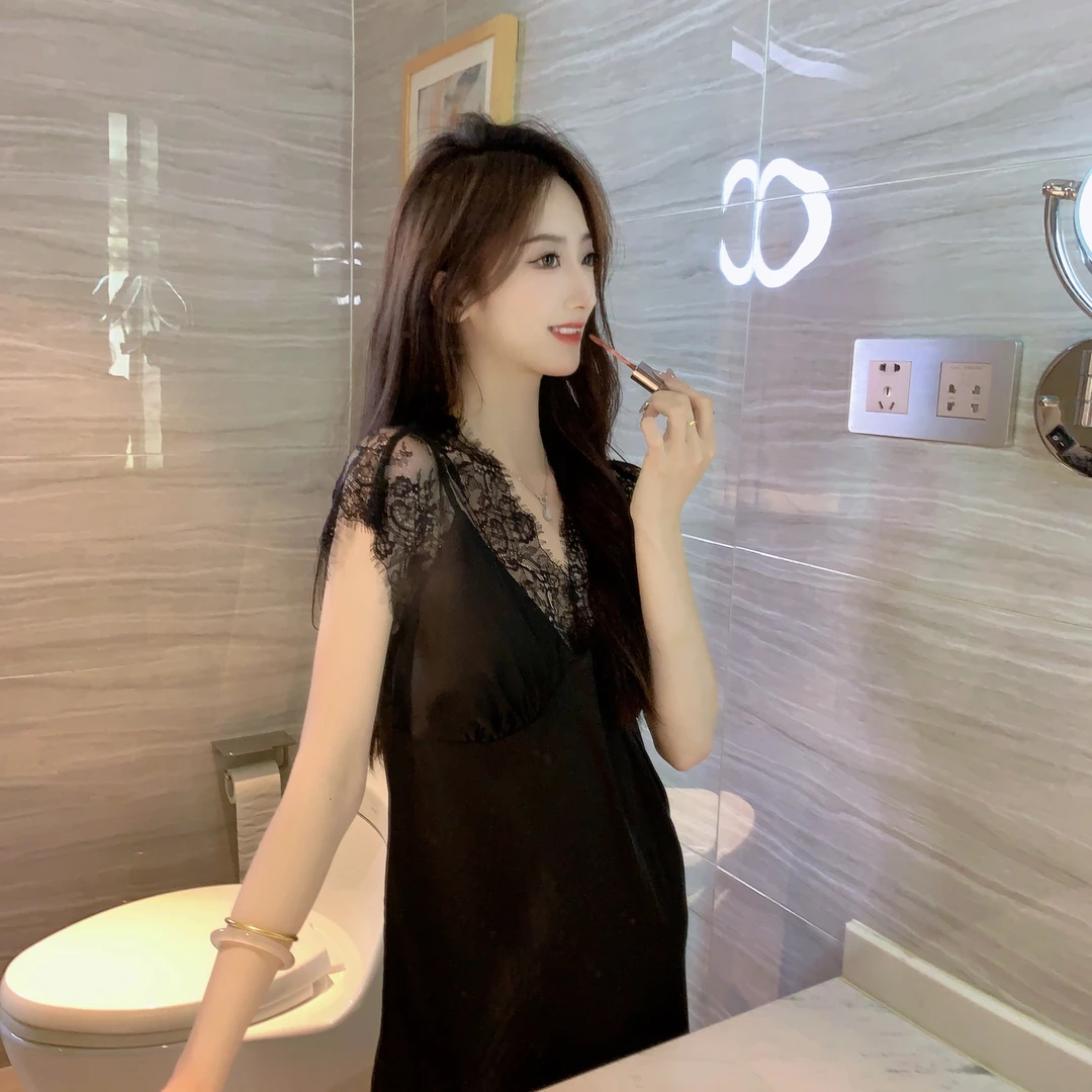 冰雪丝睡衣女款夏季V领带胸垫蕾丝性感后背系带家居服开叉睡裙