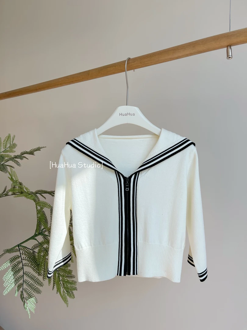 【花花】高阶海军领~复古千金感海军领黑白拼色条纹针织半袖开衫