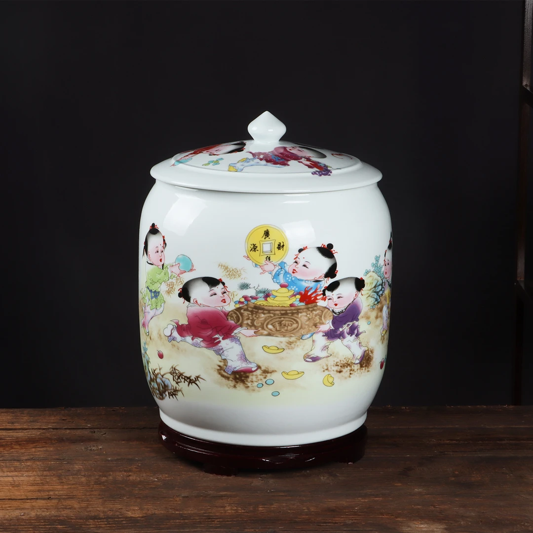 粉彩景德镇陶瓷米缸家用防虫防潮带盖密封收纳储物罐米面粉桶摆件