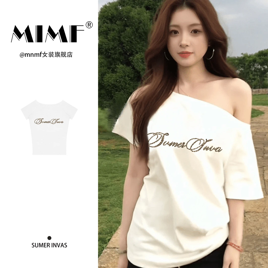mnmf夏季辣妹风字母印花斜肩修身纯欲风设计感宽松女士短袖t恤