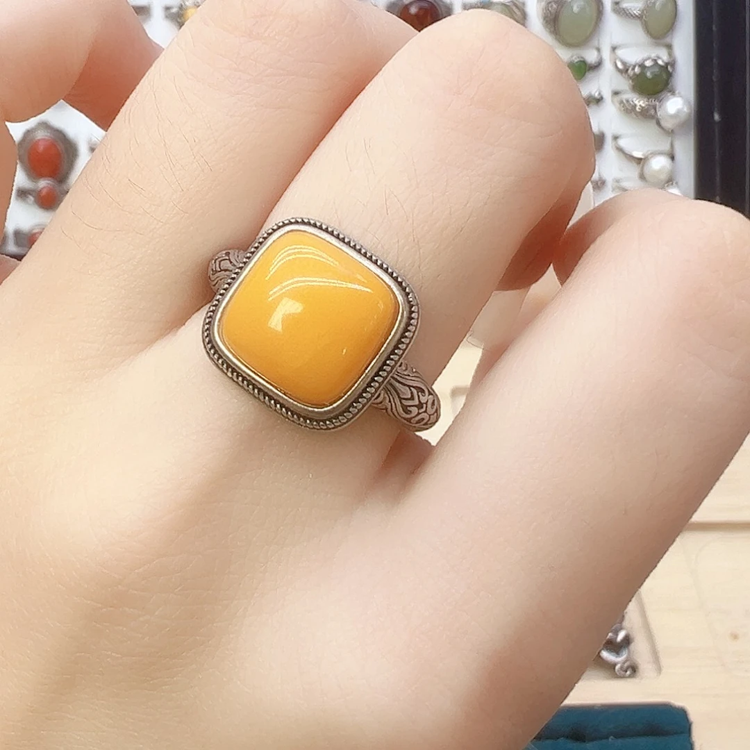 蜜蜡银S925镶嵌戒指，