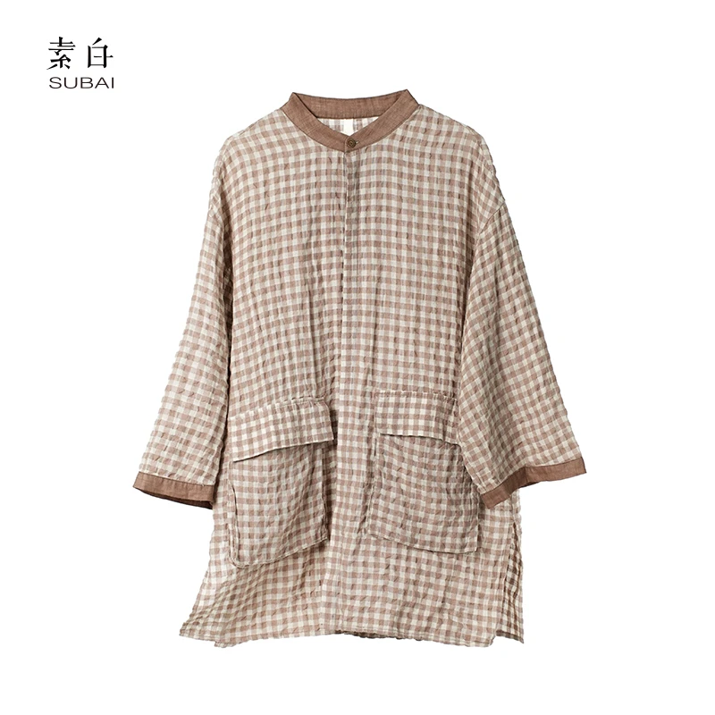 素白复古潮流【拓界】S01271百搭通勤棉麻格子外搭衬衫