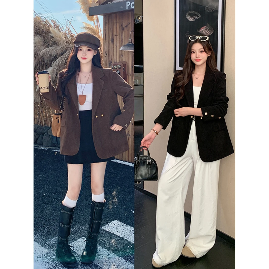 2025秋装新款胖mm休闲修身显瘦灯芯绒西装外套