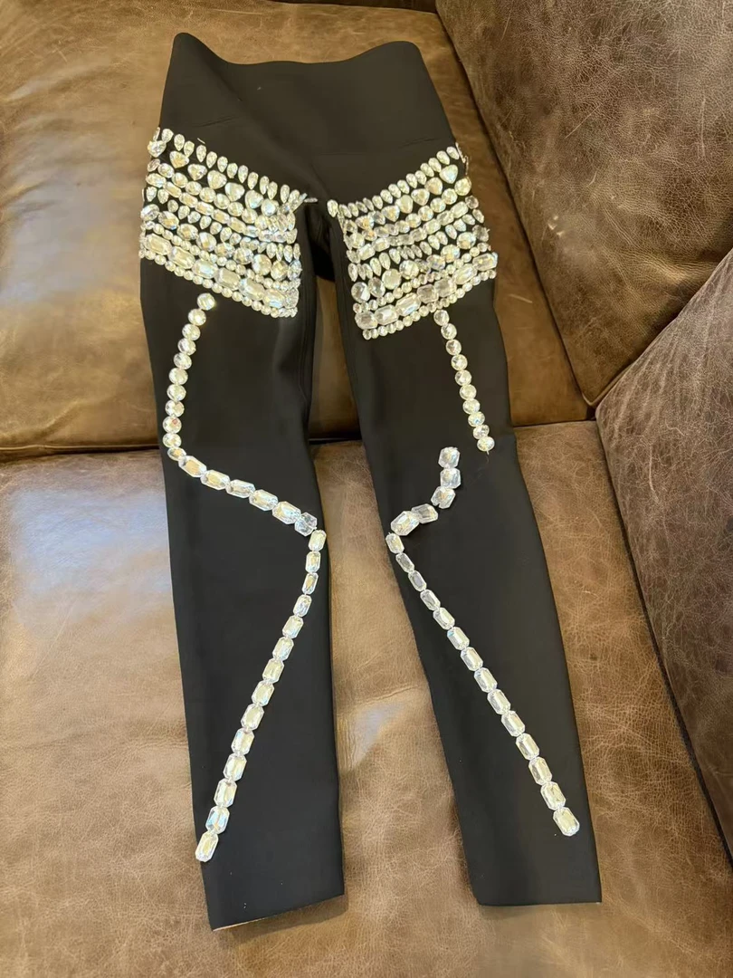 A896 蕾丝运动时尚休闲打底女士黑色高腰百搭微喇设计师打底裤