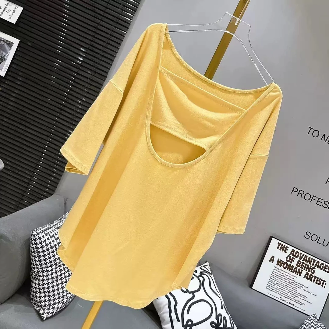 短袖休闲风落肩袖字母镂空T恤简约圆领宽松百搭