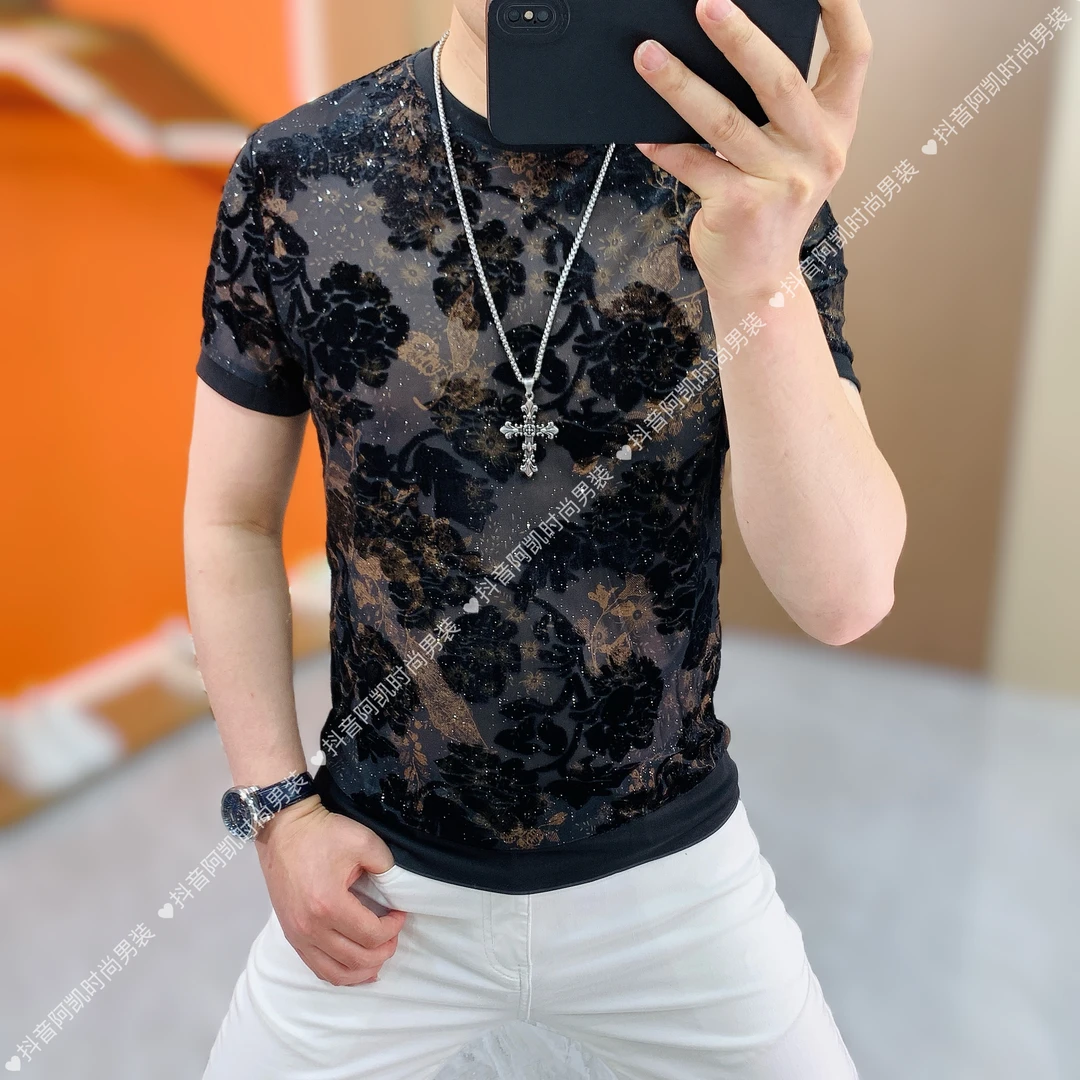 阿凯严选  欧洲站夏季新款男士爆款冰丝镂空植绒圆领修身短袖T恤