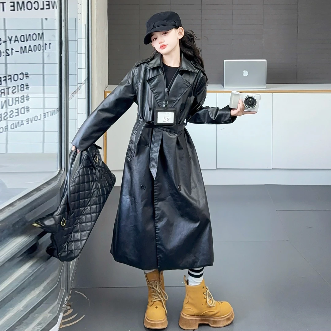 【酷哒仔】女童英伦风长款皮衣外套2025秋季中大童学生女孩子皮衣潮