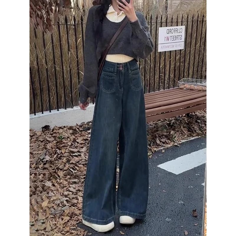 深蓝色美式阔腿牛仔裤女2025春季新款高腰显瘦宽松垂感复古拖地裤