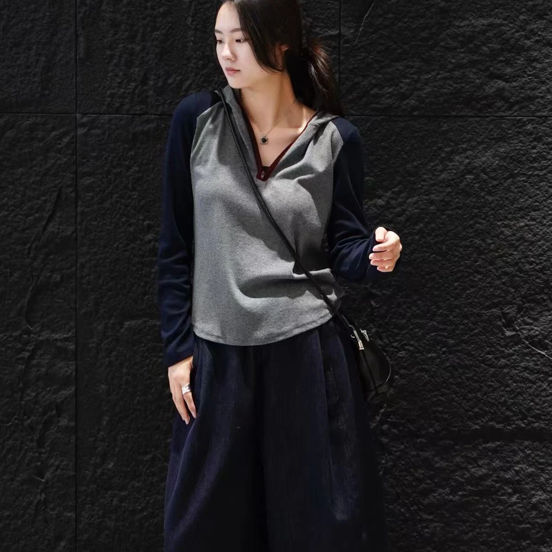 YOYO A595拼帽帽衫时尚百搭长袖卫衣女装上衣