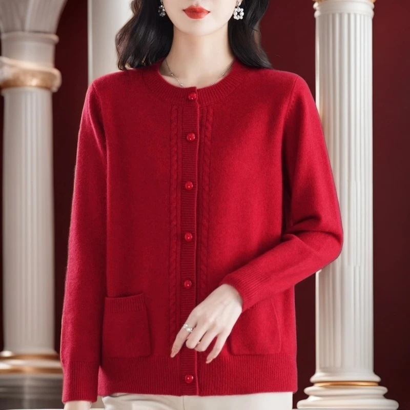中年妈妈针织开衫女士春款洋气羊绒衫毛衣外套针织衫上衣女