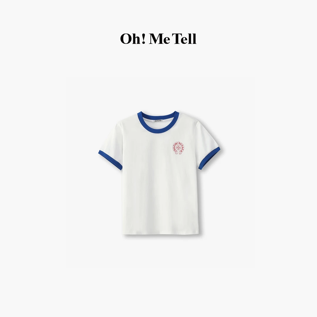 Oh！Me Tell【小克同款】马蹄梵文印花撞色拼接百搭宽松短袖圆领T恤