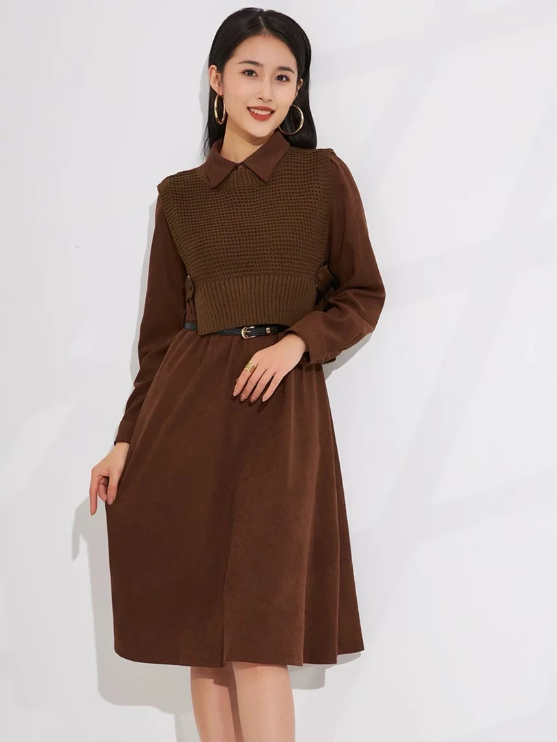 高腰假两件复古格纹冬季连衣裙拼接提花百搭针织女装