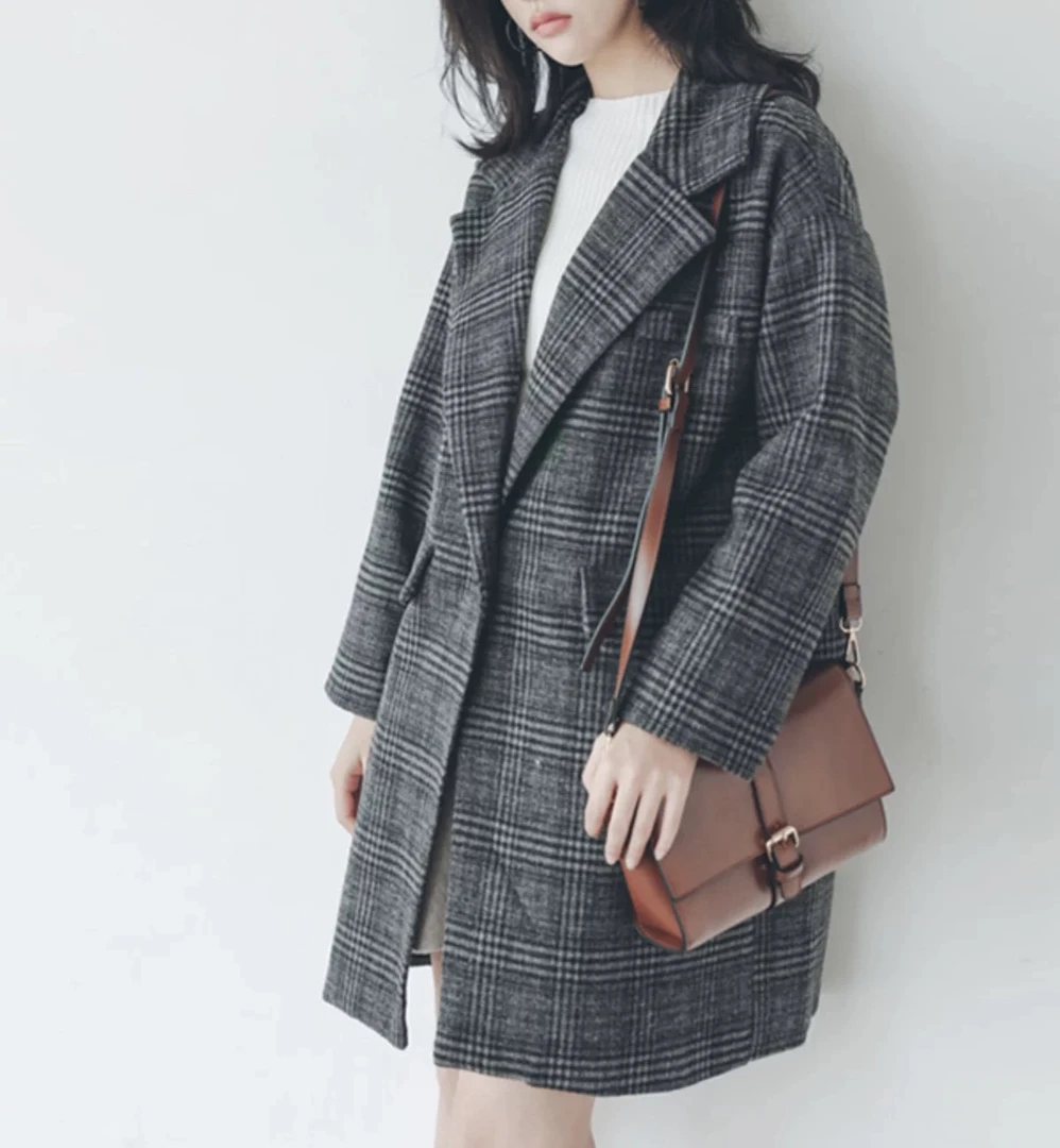 1212   中长款宽松休闲格纹加厚毛呢大衣