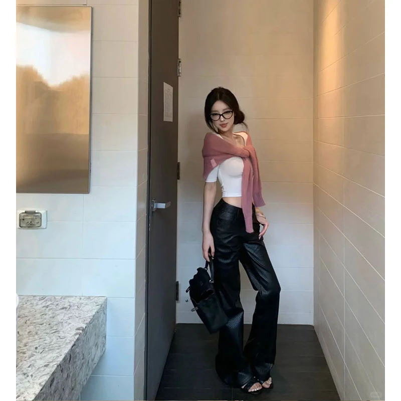 2025早秋新款设计感披肩小外套+U领修身中袖T恤女+高腰皮裤长裤女