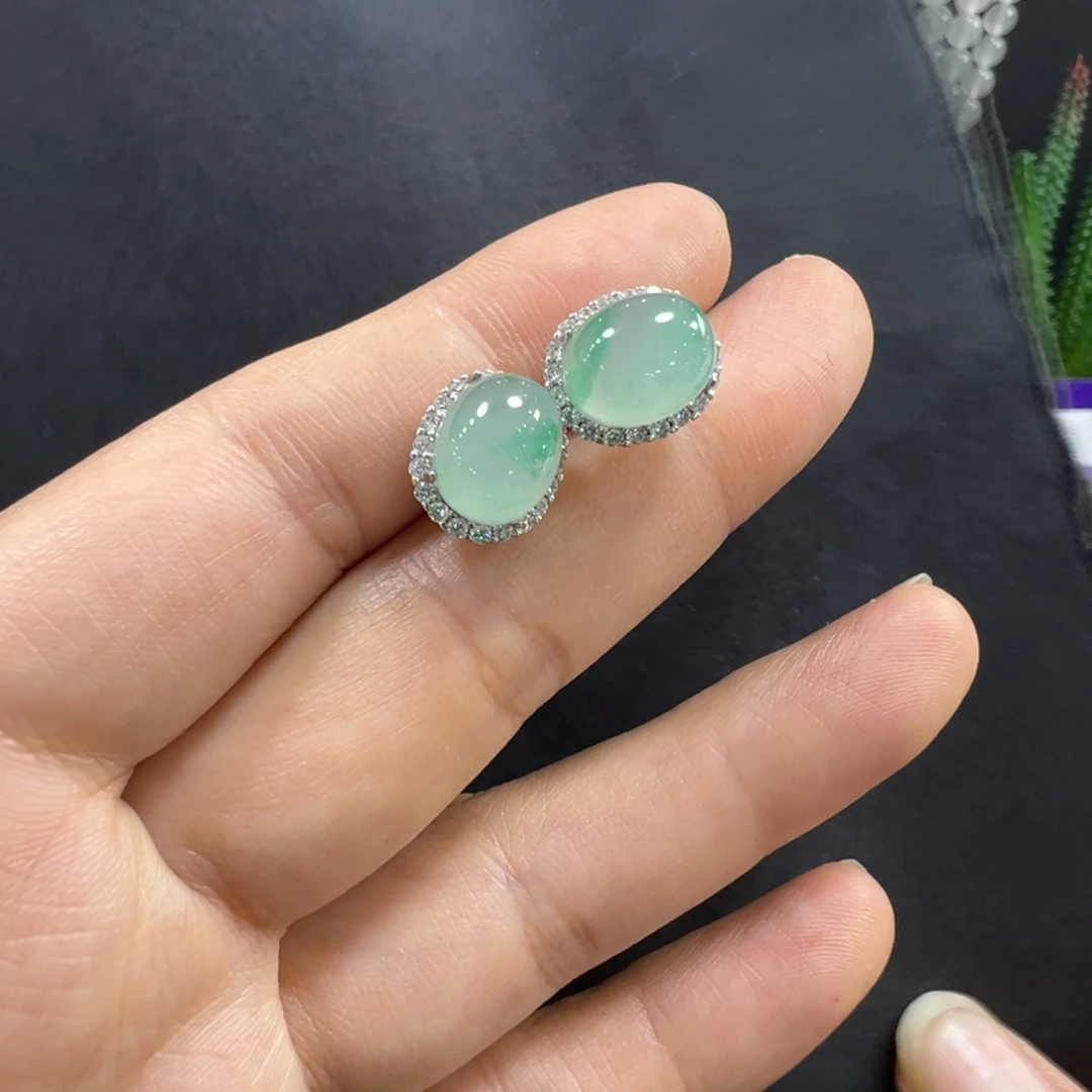 石英质玉银S925镶嵌耳钉