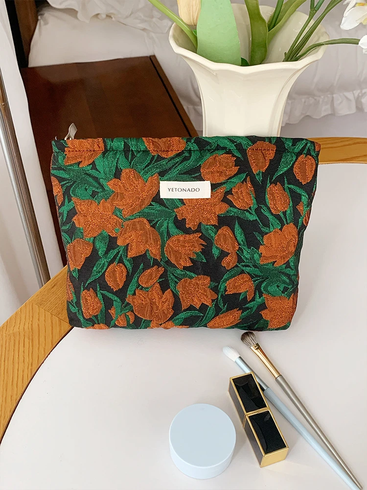 印花复古风时尚收纳女条纹文艺气质撞色化妆包ins