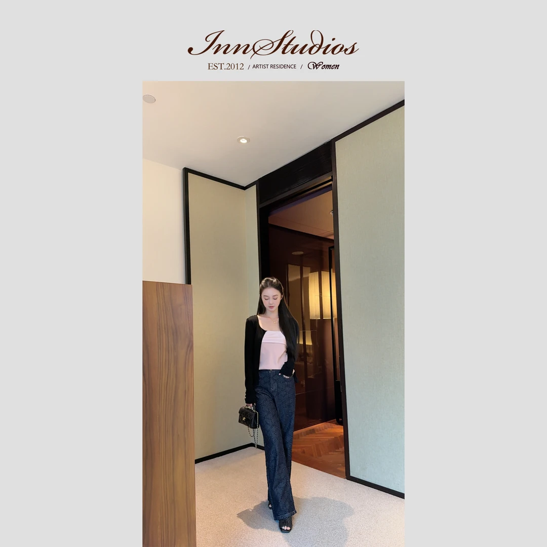 Innstudios 菱格纹直筒牛仔裤