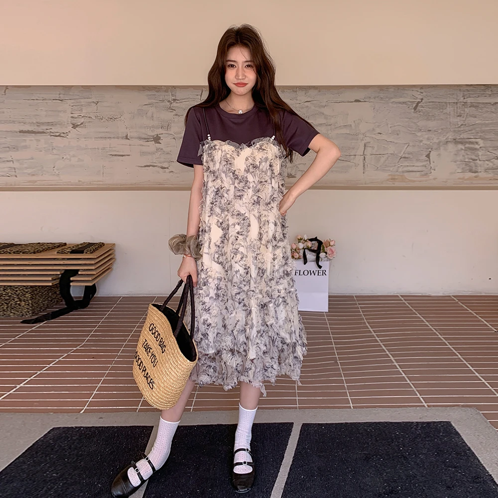 小众设计感假两件短袖T恤拼接碎花连衣裙女韩系ins文艺复古裙子