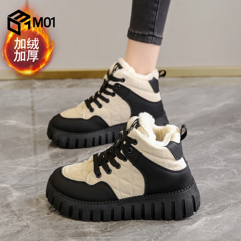 M01雪地靴女2025冬季新款厚底时尚加绒短靴防水防滑保暖高帮棉鞋