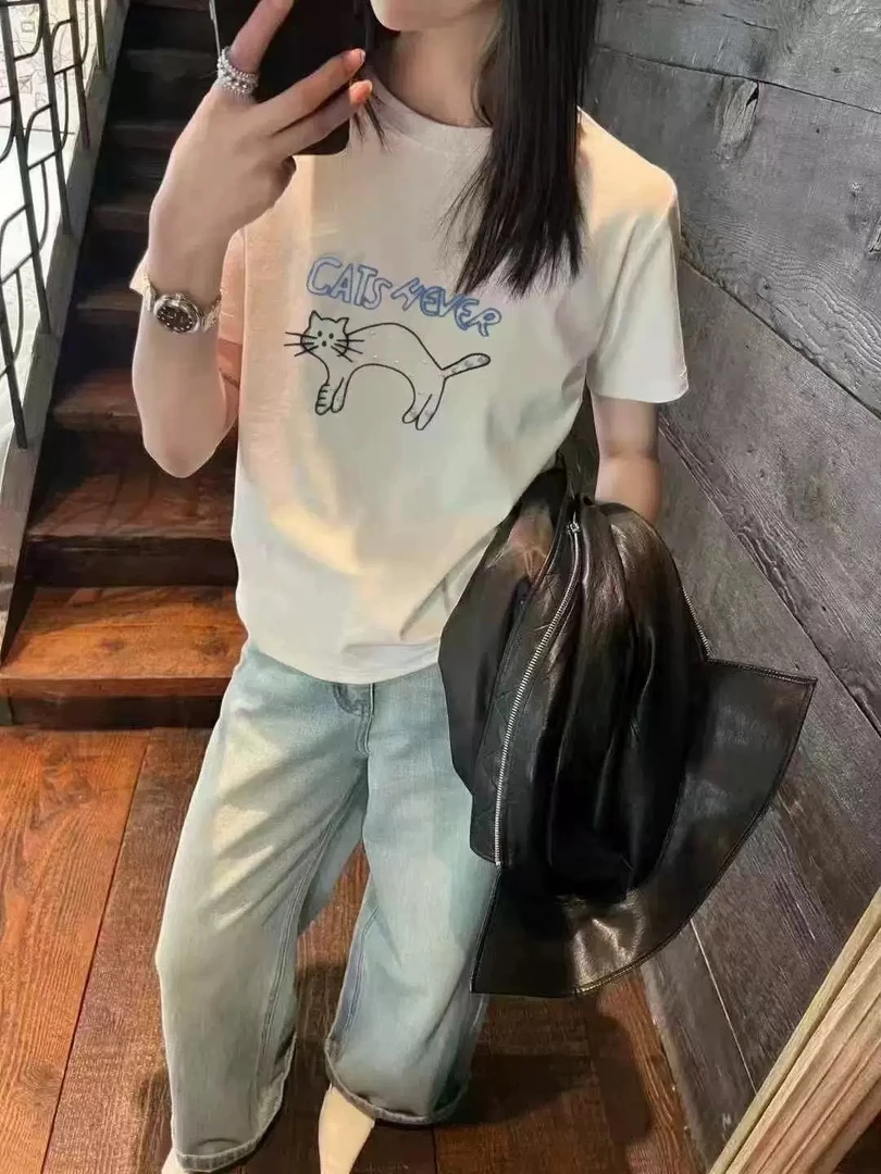 【萌宠猫咪】2025夏新款重工钉珠猫咪字母刺绣T恤女短袖精致上衣