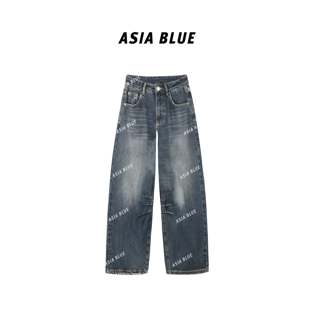 【ASIA BLUE】秋季无弹褶皱设计感宽松弯刀牛仔裤YW60010