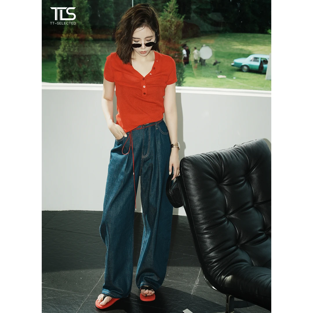 TT【本命】纯色V领深门襟透气凉感亲肤针织短袖上衣0623