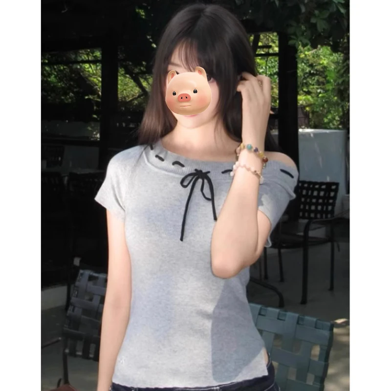 法式蝴蝶结系带灰色冰丝针织短袖T恤女夏季2025新款修身短款上衣