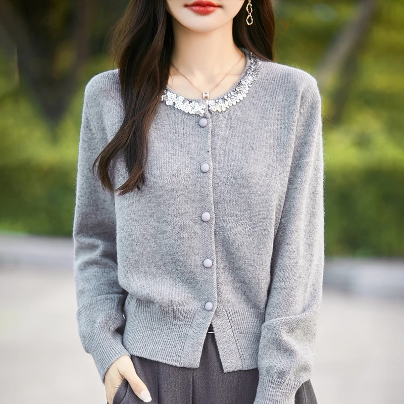 哥弟阿玛施正品圆领珠片开衫秋冬新款时尚洋气百搭女装毛衣外套